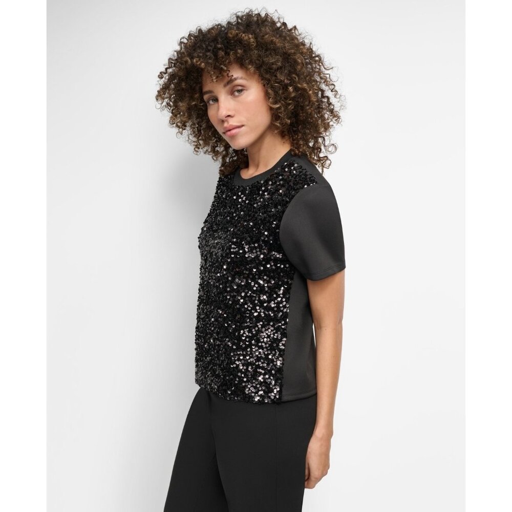 DKNY Women's Crewneck Short-Sleeve Sequin Blouse Black Size M SALE $89 - Picture 3 of 5